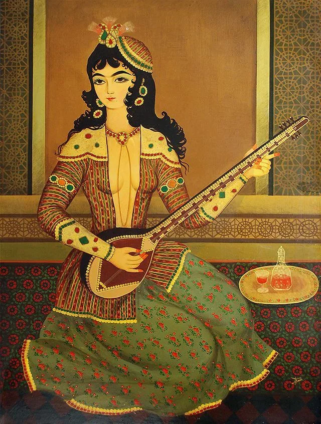 Persian lady playing a setar, oil painting attributed to Behzad Biruni, about 1900